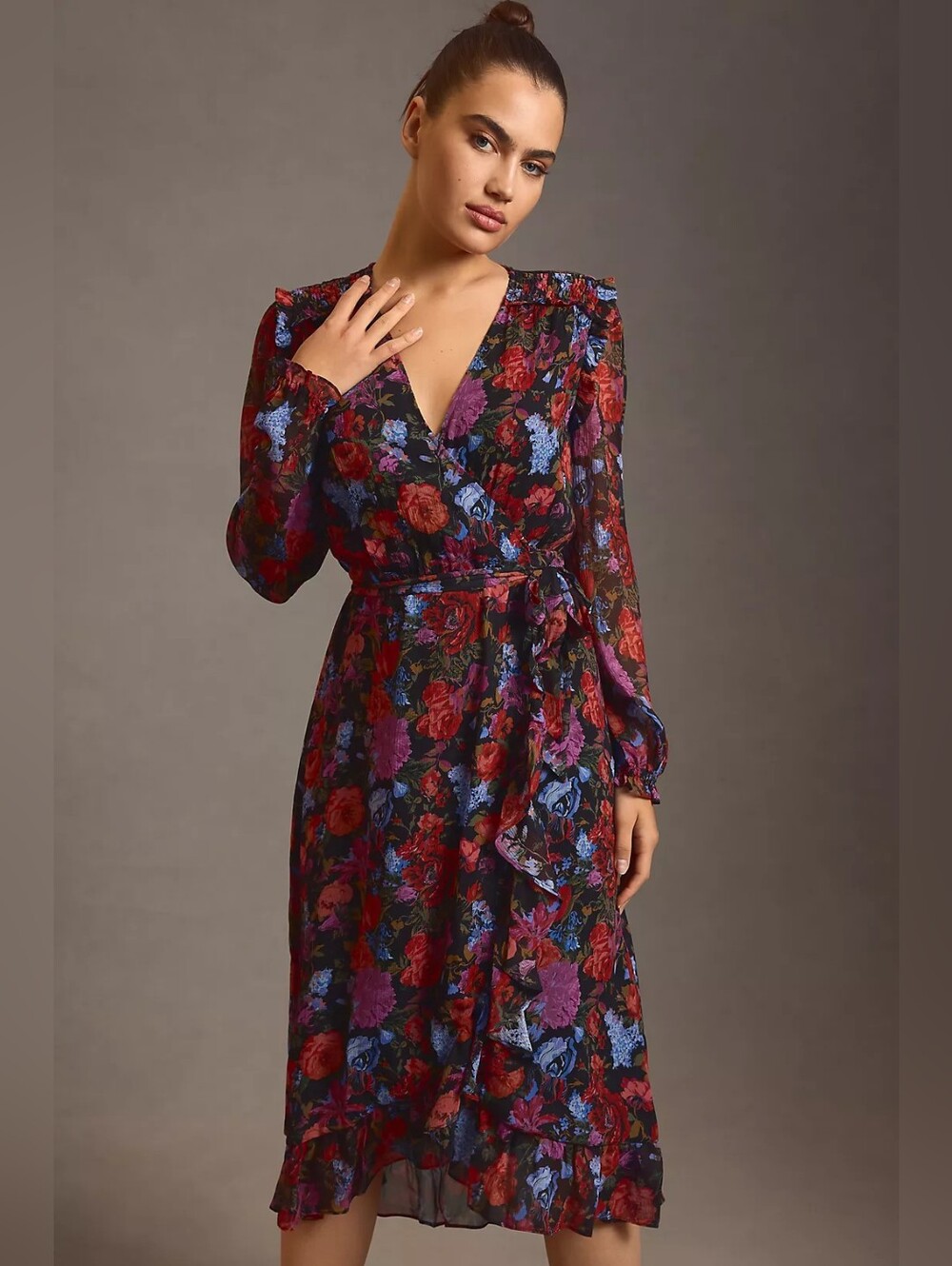 PAIGE Paulette Floral Long Sleeve  V-Neck Midi Wrap Dress - Black Red Pink Multi - Picture 6 of 16